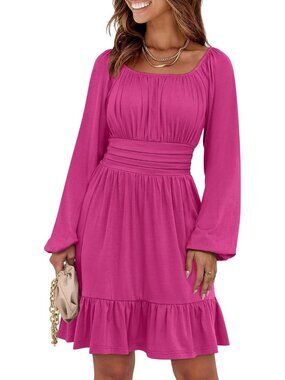 Women's Pink Long Lantern Sleeve Waist Ruffle Flowy Swing A-Line Short Dress